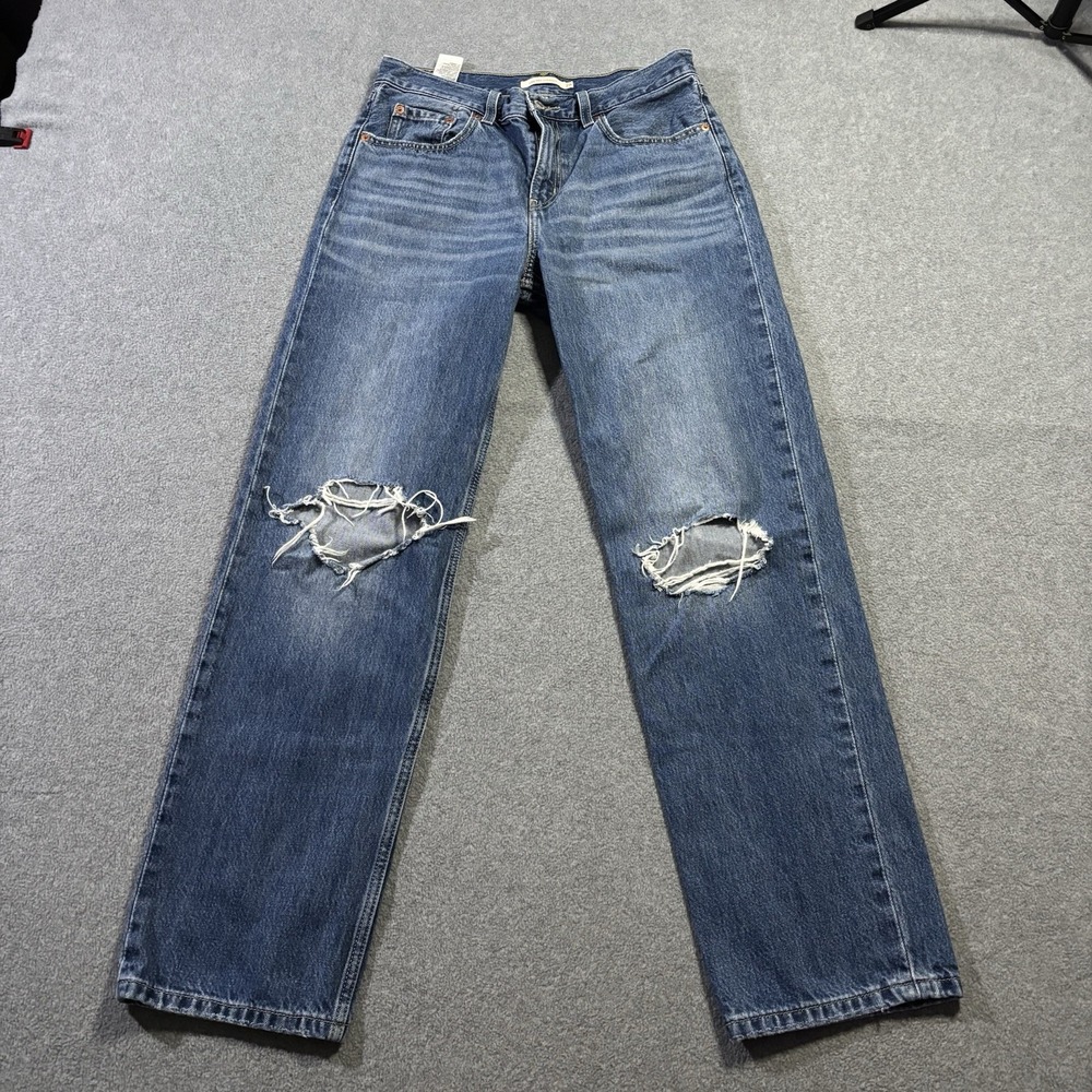 Levis Low Pro Straight Jeans Womens 28 Distressed Ripped Knee Blue Denim 30x31